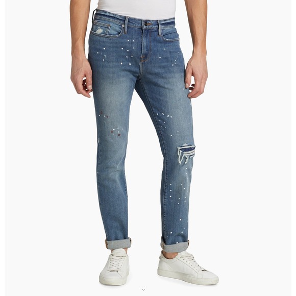 FRAME L'Homme Skinny Paint Splatter Jeans Men's 31x32 Distressed Blue Stretch